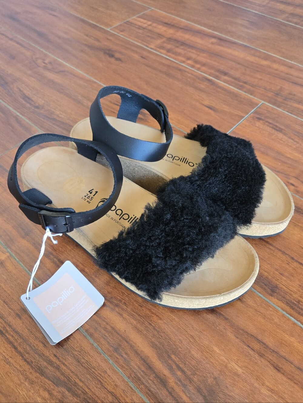 NWT PAPILLIO Birkenstock Glenda Teddy Shearling Leather Sandals Black Narrow Fit